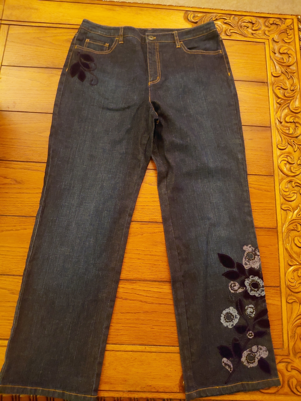 Talbots Dark Blue Boot Cut Jeans with Floral Embroidery
